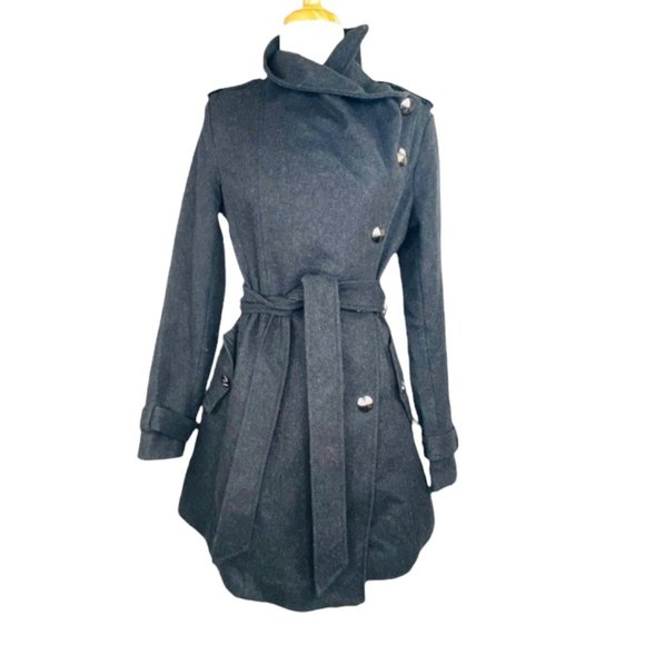 SAM EDELMAN Ladies Double Breasted Trench Wool Belted Flared Logo Buttons Gray - Picture 2 of 11